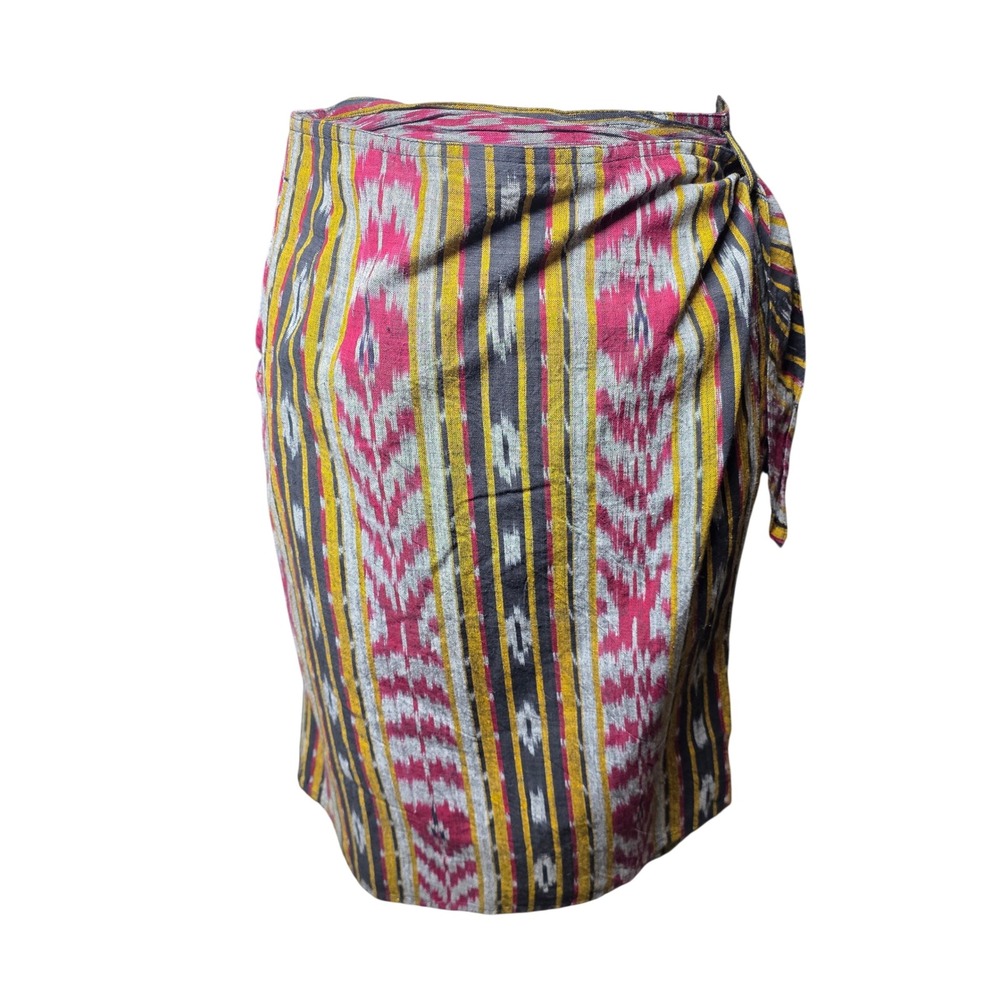 Lizwear Cotton Ikat Wrap Skirt Pink Yellow Grey Woven Midi Size L